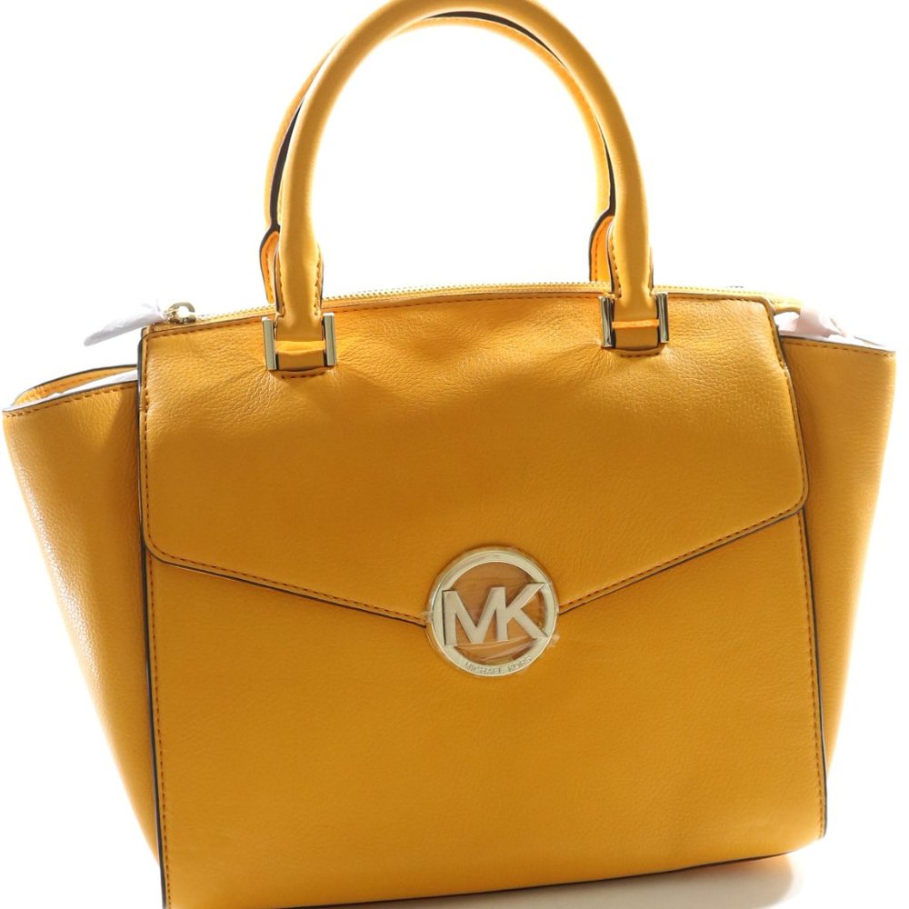 Michael Kors Hudson Large Leather Satchel Shoulder Bag Vintage Yellow